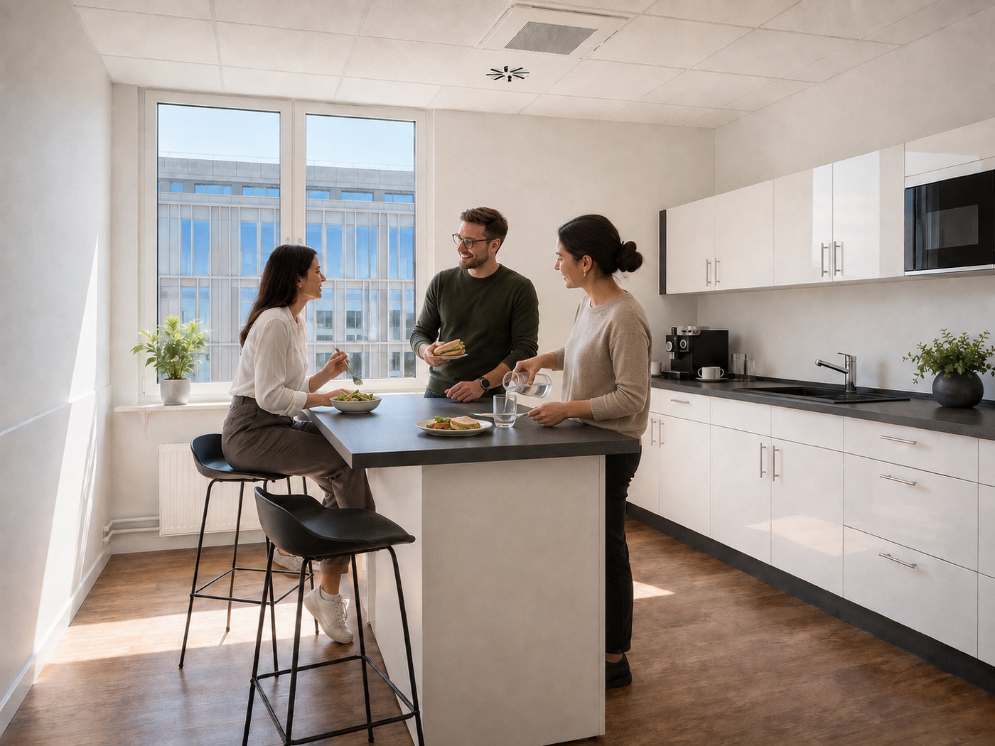 Drei Menschen bei einer gemeinsamen Mittagspause in der Büroküche