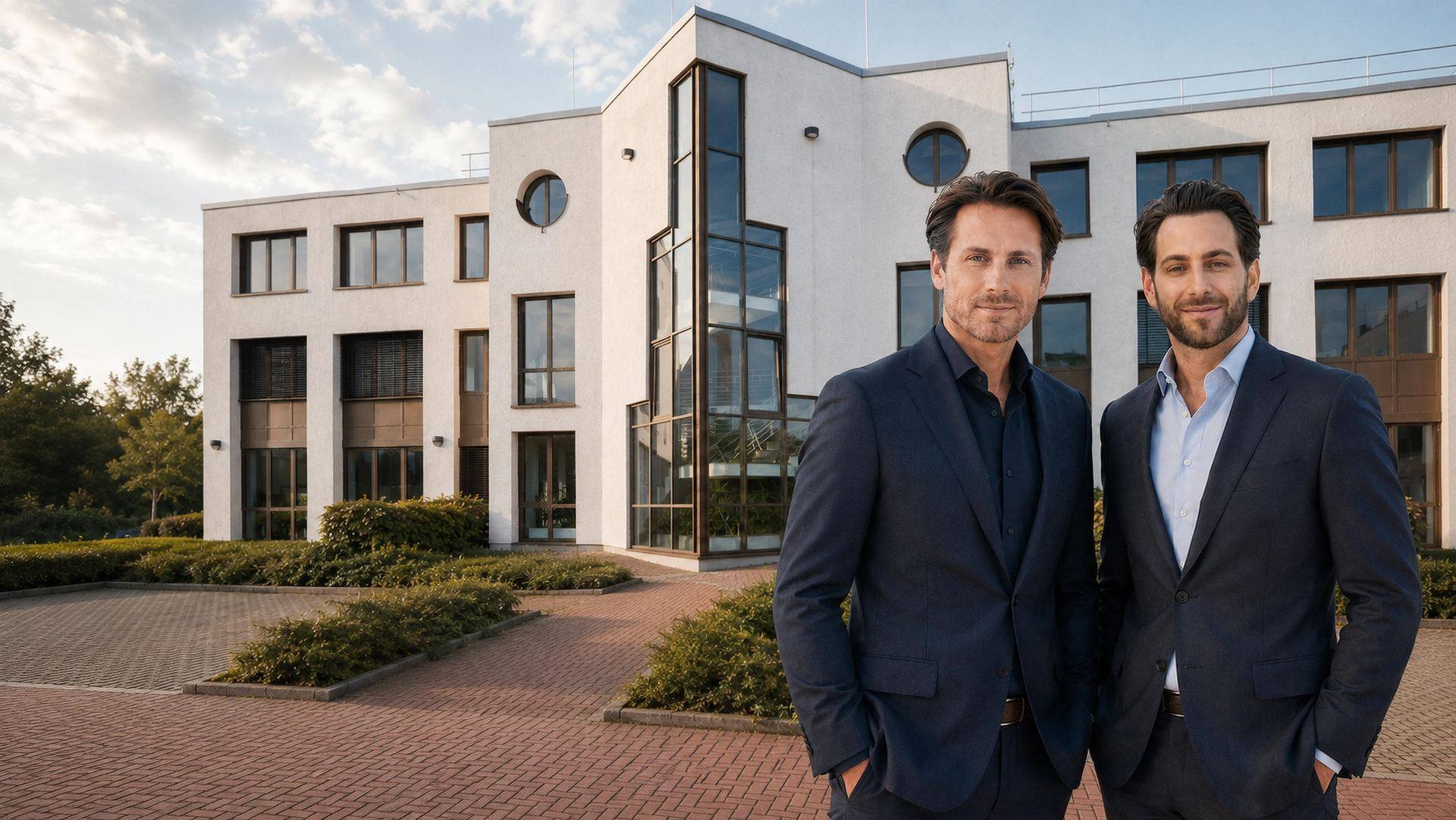 Team der Bürogemeinschaft Schönefeld vor dem Bürogebäude am Flughafen BER